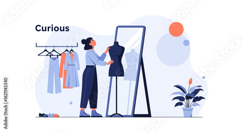 Fashion designer adjusting garment on mannequin in studio with clothes and mirror