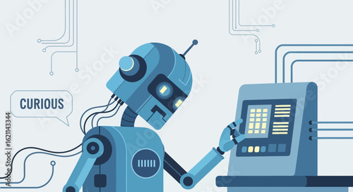 Curious cartoon robot interacting with a machine, highlighting automation and technology of the future