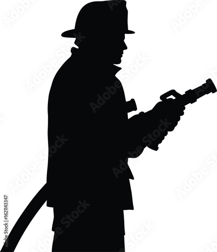 Silhouette of a firefighter holding a hose, isolated on white background, ready to spray water to extinguish a fire, showcasing bravery and dedication in emergency service
