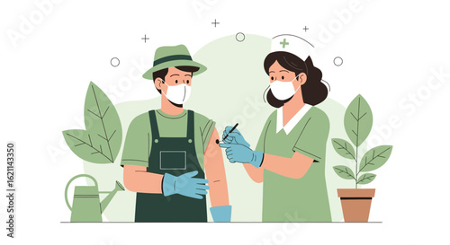 Farmer Receiving Vaccine Shot From Nurse During Pandemic In The Garden
