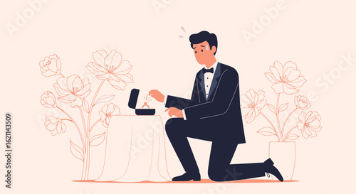 Elegant proposal scene: Groom kneels with ring box amidst floral backdrop and anticipation