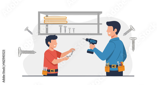 Father And Son Assembling Furniture At Home Improving Skills Together