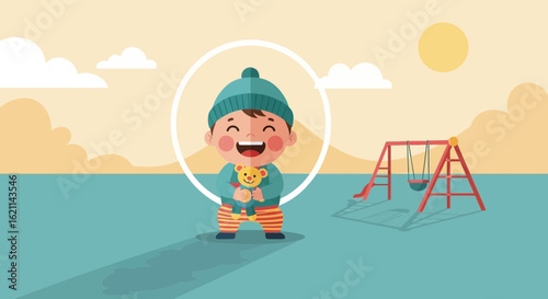 Cute cartoon illustration of a happy baby boy with a teddy bear on a playground