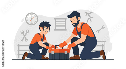 Father And Son Opening Toolbox Together For Home Repair Project