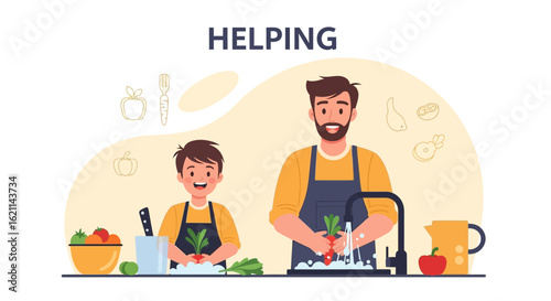 Father And Son Preparing A Healthy Meal Together Family Cooking Time