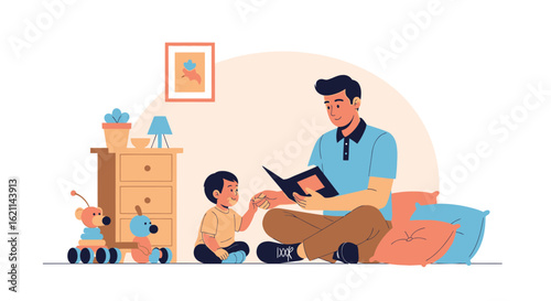 Father Reads Stories to His Son in a Cozy Nursery Corner Illustration