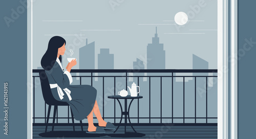 Elegant woman enjoying morning coffee on balcony with city view vector illustration