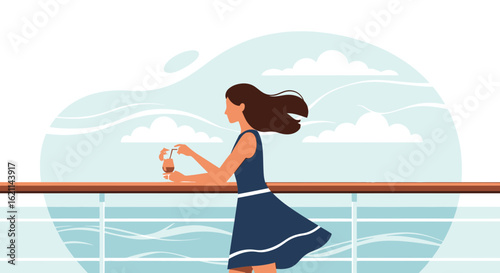 Elegant Woman Enjoying Vacation on Cruise Ship with Ocean View and Cocktail