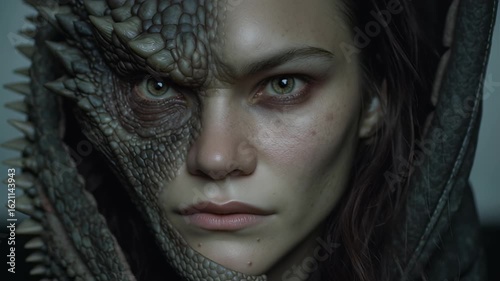 Intense portrait of a woman with reptilian transformation.