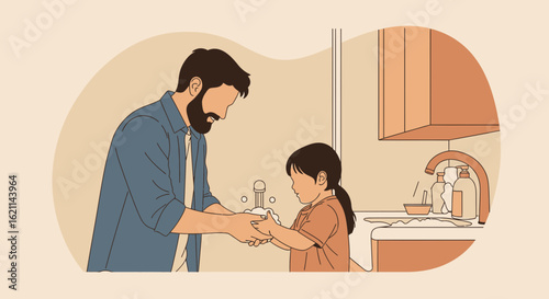 Father Teaches Daughter Hand Hygiene Helping Protect Her From Bacteria