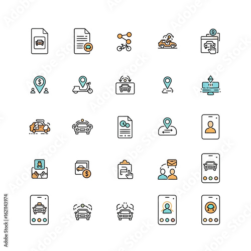 A set of colorful transportation and ride-sharing icons, illustrating various services and concepts.