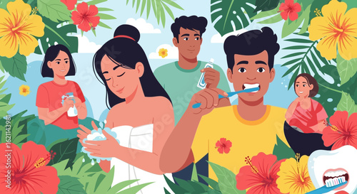 Daily Hygiene Habits Depicted Amidst Tropical Foliage and Vibrant Floral Elements