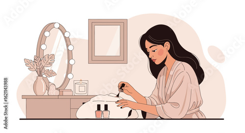 Elegant woman in bathrobe painting her nails in front of a vanity mirror creating a beauty ritual scene
