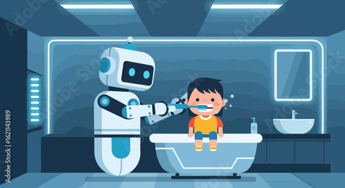 Daily Hygiene Assistant Robot Brushing Child's Teeth In A Futuristic Bathroom