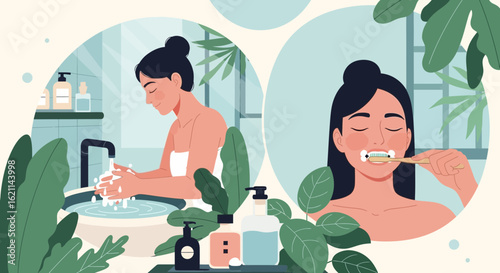 Daily Hygiene Habits Showcasing a Woman Brushing Her Teeth and Washing Her Hands