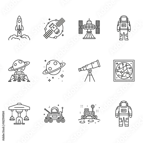 Line art icons depicting space exploration, including a rocket launch, satellites, astronaut, planets, rover, telescope, and lunar lander.