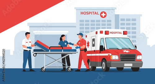Emergency Medical Team Delivering Patient to Hospital By Ambulance Urgently