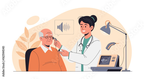 Female Doctor Examining Senior Man’s Hearing in Audiology Clinic During Checkup