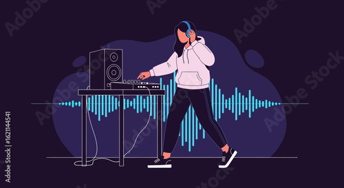 Female Dj Creating Music Mix With Headphones On Audio Visual Background