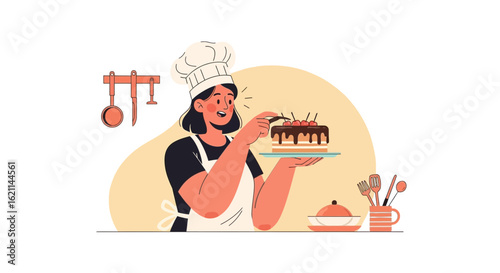 Female Confectioner Decorating Delicious Chocolate Cake With Cherries In Kitchen