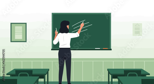 Female Educator Writes on Blackboard in Classroom Setting Back View Illustration