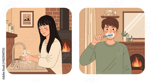 Daily Hygiene Routine Woman Washing Hands and Man Brushing Teeth At Home