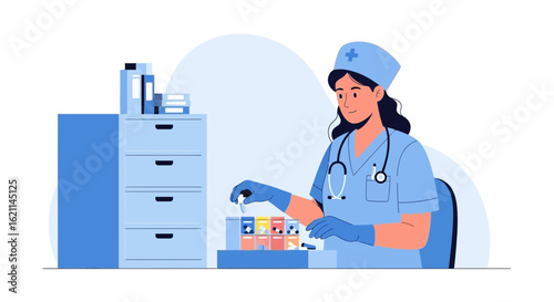 Female Nurse Preparing Medication For Patients In A Healthcare Setting