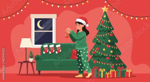 Decorating Christmas Tree At Home Cozy Winter Atmosphere Holiday Season Celebration