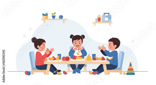 Enchanting Daycare Lunchtime Scene Featuring Cheerful Children And Nutritious Fruits