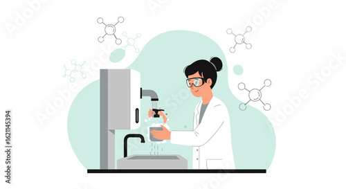 Female Researcher In Laboratory Washing Equipment With Water Molecules Around