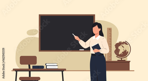 Female teacher explaining lesson with chalk on blackboard in classroom setting