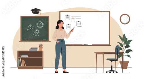 Female Teacher Explaining a Lesson in a Modern Classroom With Whiteboard