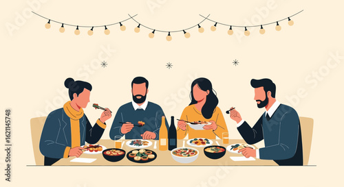 Festive Dinner Party With Friends, Vector Illustration for Social Gathering