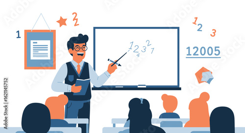 Engaging Math Class Teacher Explaining Equations To His Students Illustration