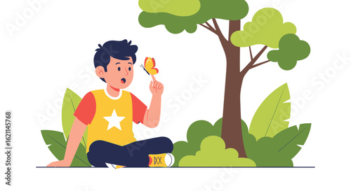 Delightful illustration of a young boy captivated by a butterfly in a serene outdoor setting