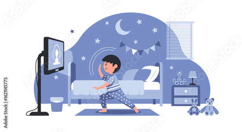 Engaging Morning: Boy Exercises with Online Video Tutorial in His Bedroom