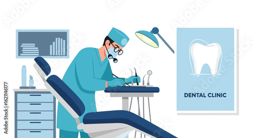 Dentist Performing A Dental Procedure With Equipment In Modern Clinic