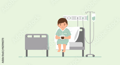 Depressed Child Patient Sits On Hospital Bed Holding Cup Of Hot Drink