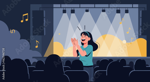 Enthusiastic Audience Member Applauding at a Live Concert or Performance, Enjoying the Show