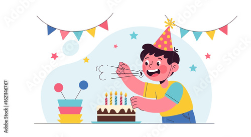 Enthusiastic Boy Celebrating Birthday Blowing Out Candles Vector Illustration