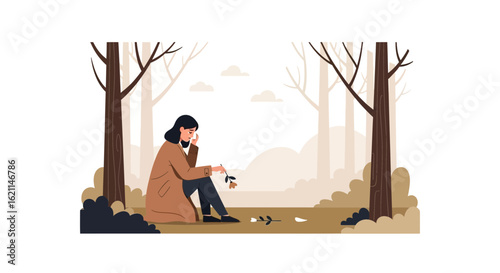 Despair In The Woods Woman Embracing Loss And Overcoming Sadness