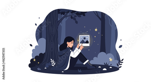 Digital Memories Sadness And Nostalgia Girl in Forest Looking Photo Reflection