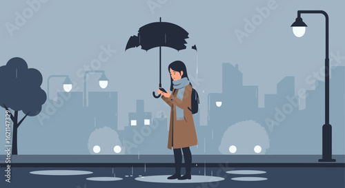 Digital Nomad Finds Distraction On Smartphone While Walking In The Rain