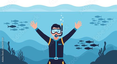 Enthusiastic Man Enjoying Snorkeling Trip Amidst Schools of Fish in Ocean Depths