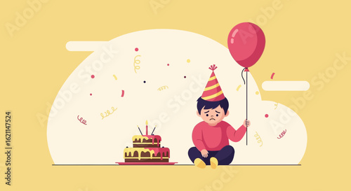 Disappointed Boy Sitting Alone With A Cake And Balloon On His Birthday