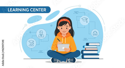 Enthusiastic Student Learning Online with Digital Tablet and Stack of Books