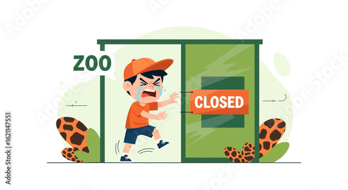 Disappointed Child Finds the Zoo Closed on a Cartoon Styled Vector Illustration