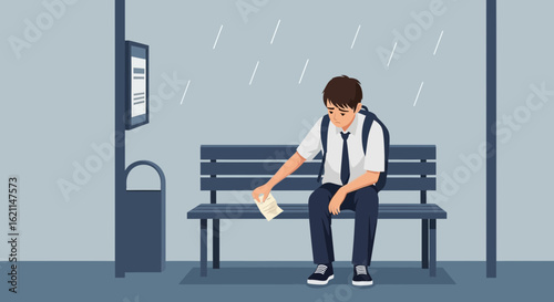Disappointed Student Sitting on Bench During Rain Illustration Art Style