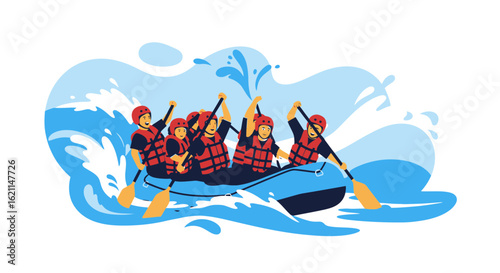 Enthusiastic Team Enjoying Thrilling Whitewater Rafting Adventure Together