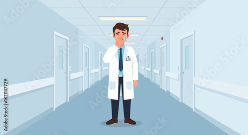 Distressed Doctor Stands In Hospital Corridor Experiencing Emotional Exhaustion